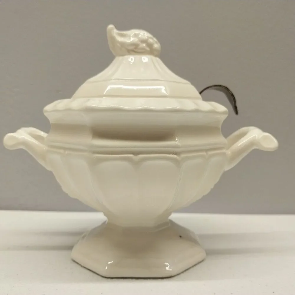 Vintage Ivory Ceramic Covered Sugar Bowl Grape Pedestal w/ Original Metal Spoon